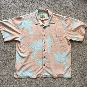 Men's Tropical Print Button-Down Shirt - Peach and Light Blue